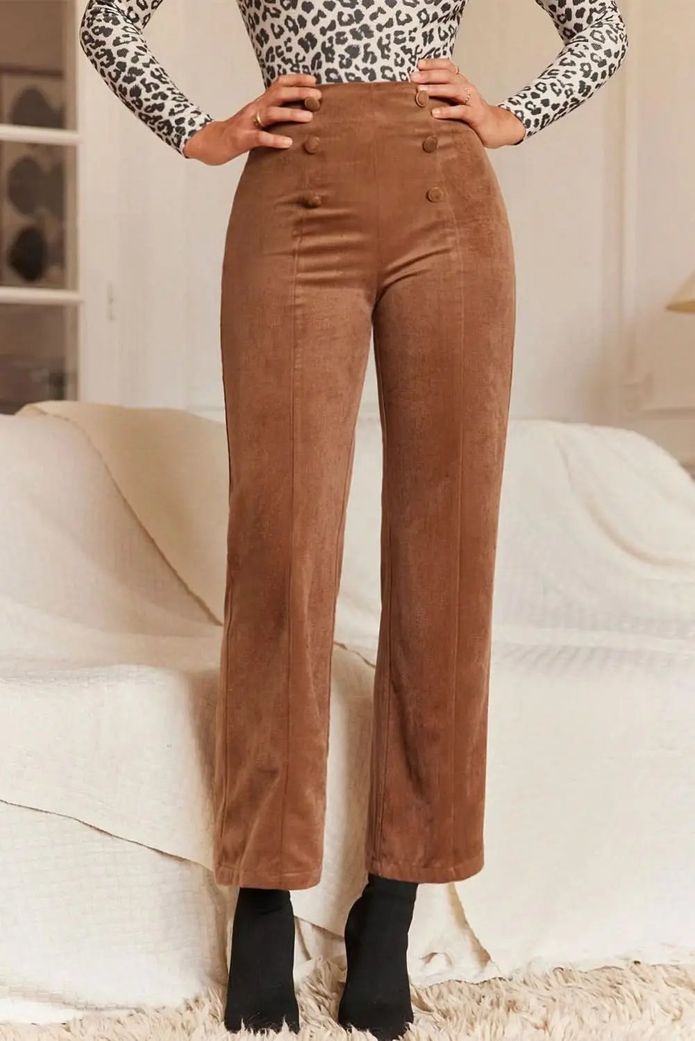 Chestnut Solid Color Double Breasted Straight Leg Pants - Love Salve